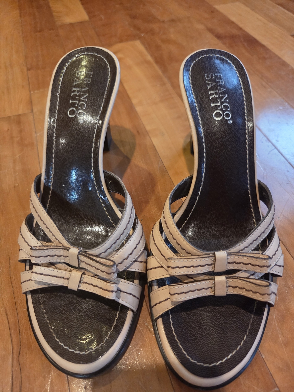 Franco Sarto Pink And Brown Strappy Slip-On Heeled Mules